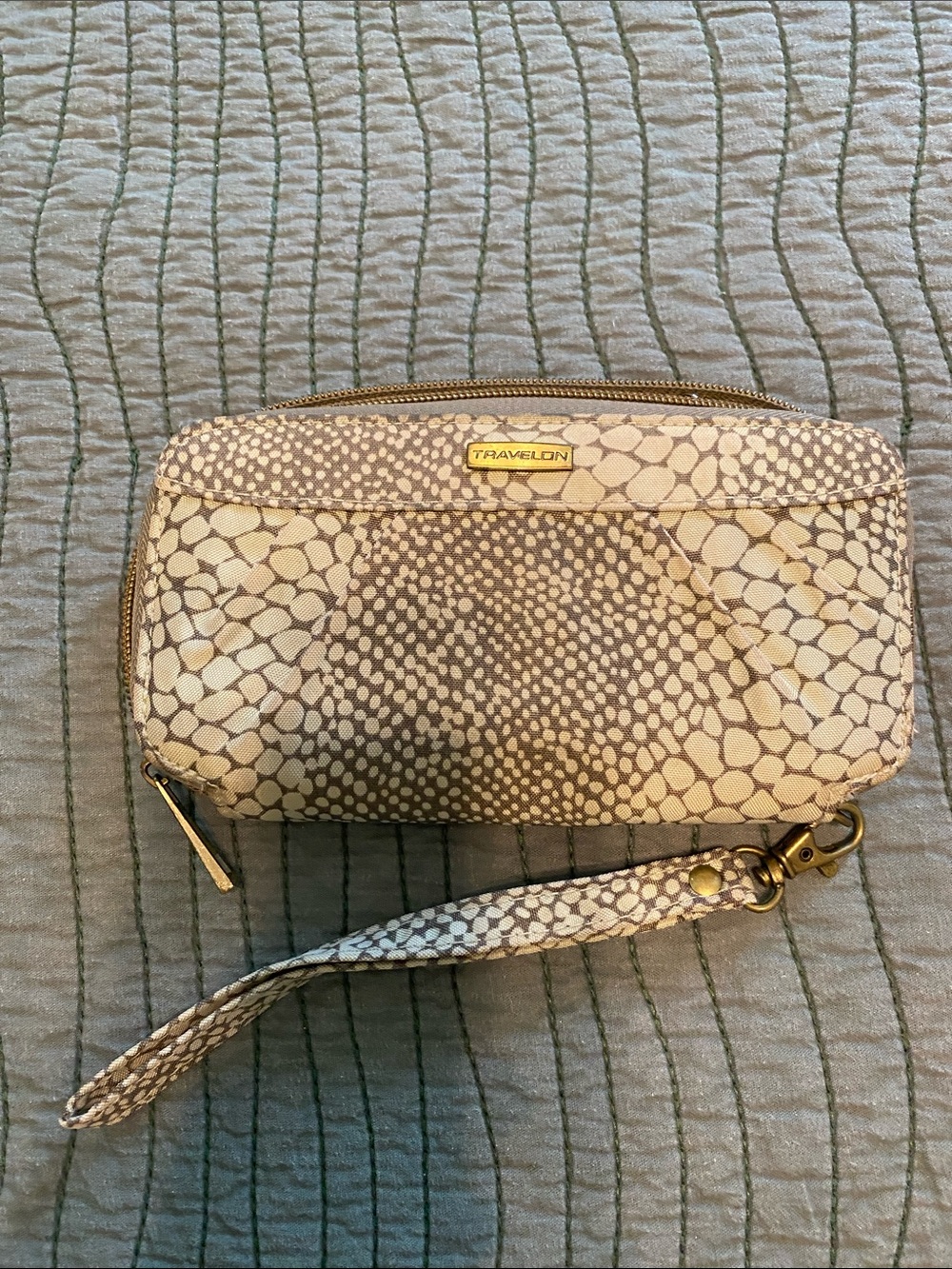 Travelon Beige and Brown Snake-Print Wristlet Clutch